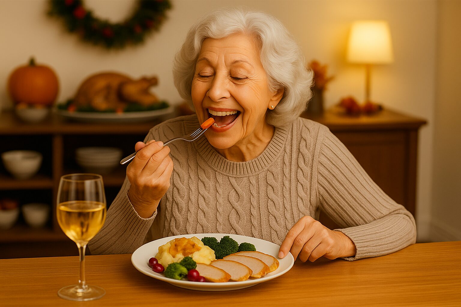 Older woman enjoying a soft holiday meal while wearing dentures, showing safe denture-friendly foods for Thanksgiving and Christmas.