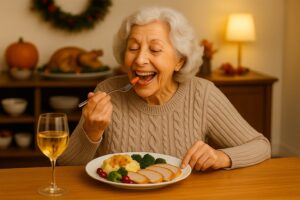 Older woman enjoying a soft holiday meal while wearing dentures, showing safe denture-friendly foods for Thanksgiving and Christmas.