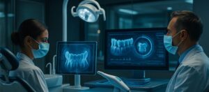 Dentists analyzing AI-powered dental imaging and holographic scans in a futuristic, high-tech dental operatory.