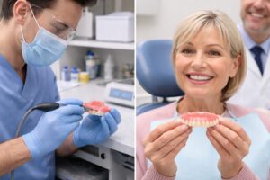 Same-day denture repair at Island Dental Associates, featuring an on-site dental lab technician and a patient with a repaired denture