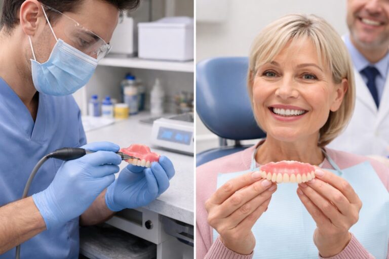 Same-day denture repair at Island Dental Associates, featuring an on-site dental lab technician and a patient with a repaired denture