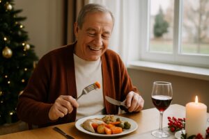 Older man with dentures enjoying a comfortable winter holiday meal after a denture adjustment at Island Dental Associates.