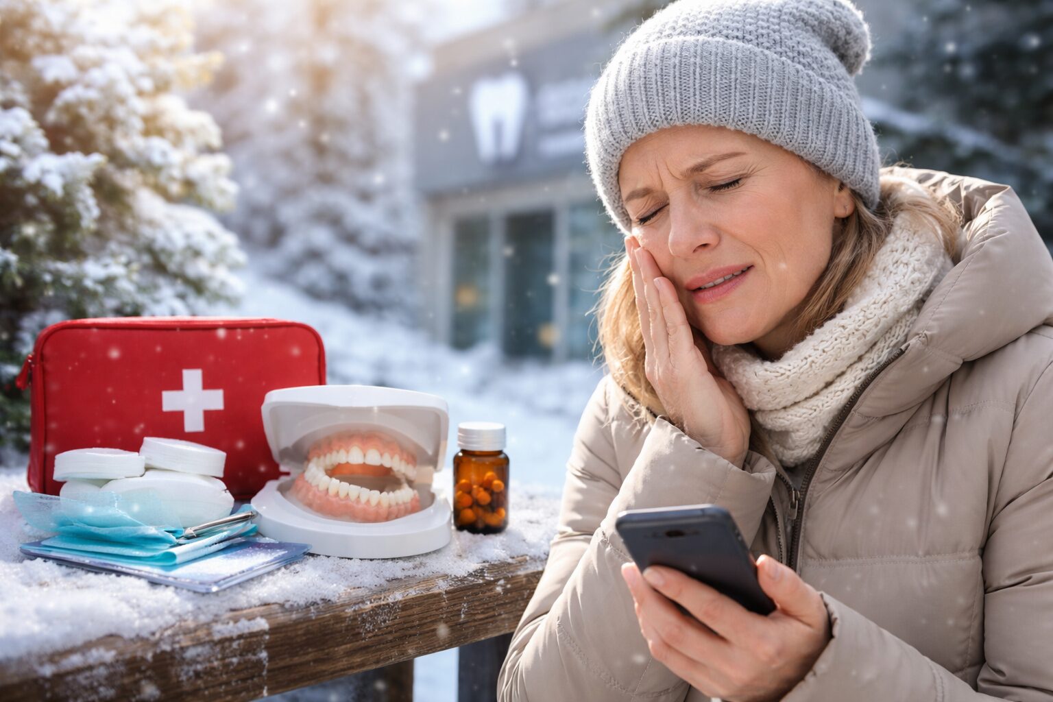 Woman experiencing tooth pain in winter while contacting a South Shore Long Island dentist for emergency dental care