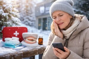 Woman experiencing tooth pain in winter while contacting a South Shore Long Island dentist for emergency dental care
