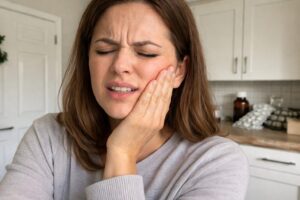 Woman holding her cheek in pain from a tooth infection seeking emergency dental care in Franklin Square and Levittown, NY