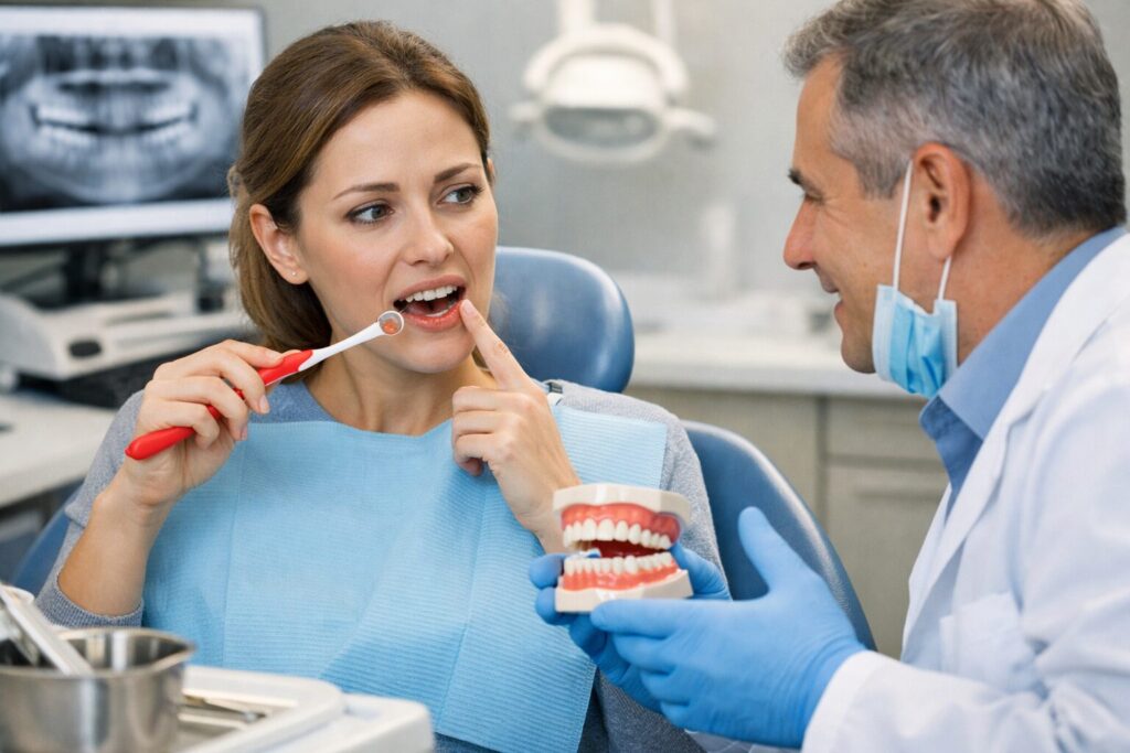 Patient showing bleeding gums to dentist during dental exam in Franklin Square Long Island NY