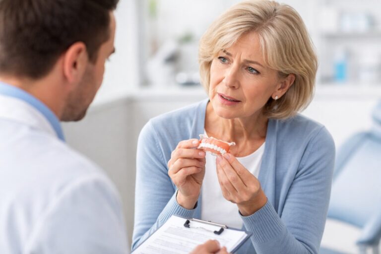 Patient discussing loose denture fit with a dentist during a denture evaluation on Long Island
