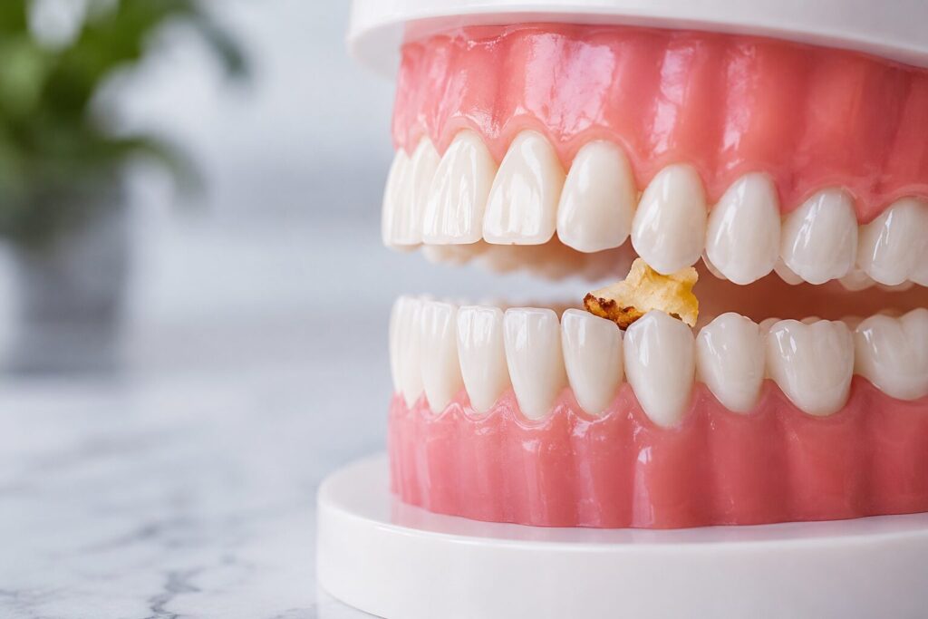 Food trapped between teeth shown on a dental model during a Long Island dental education example