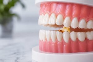Food trapped between teeth shown on a dental model during a Long Island dental education example