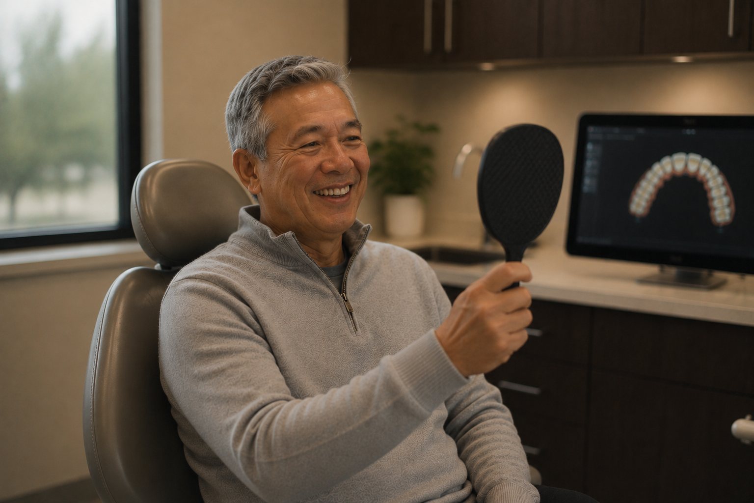 Happy patient with implant-supported dentures