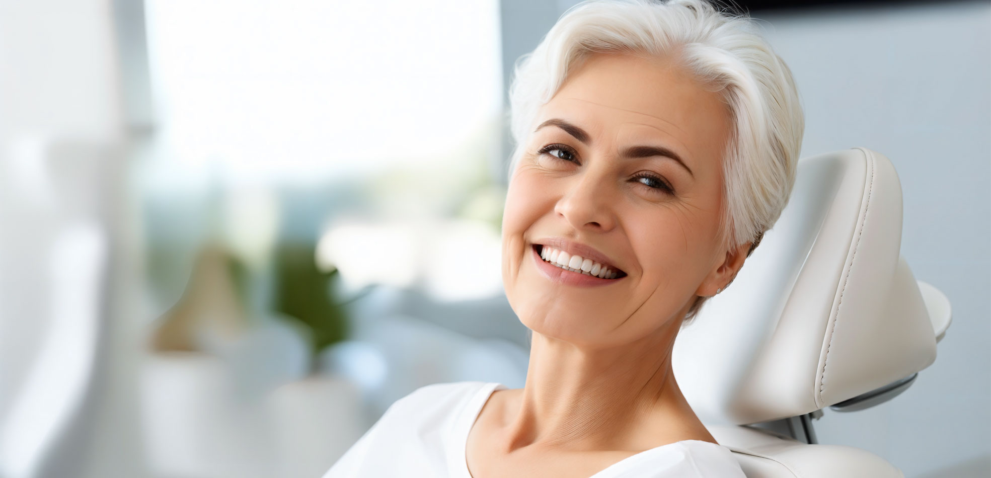 Smiling denture patient relaxing in the chair at Island Dental