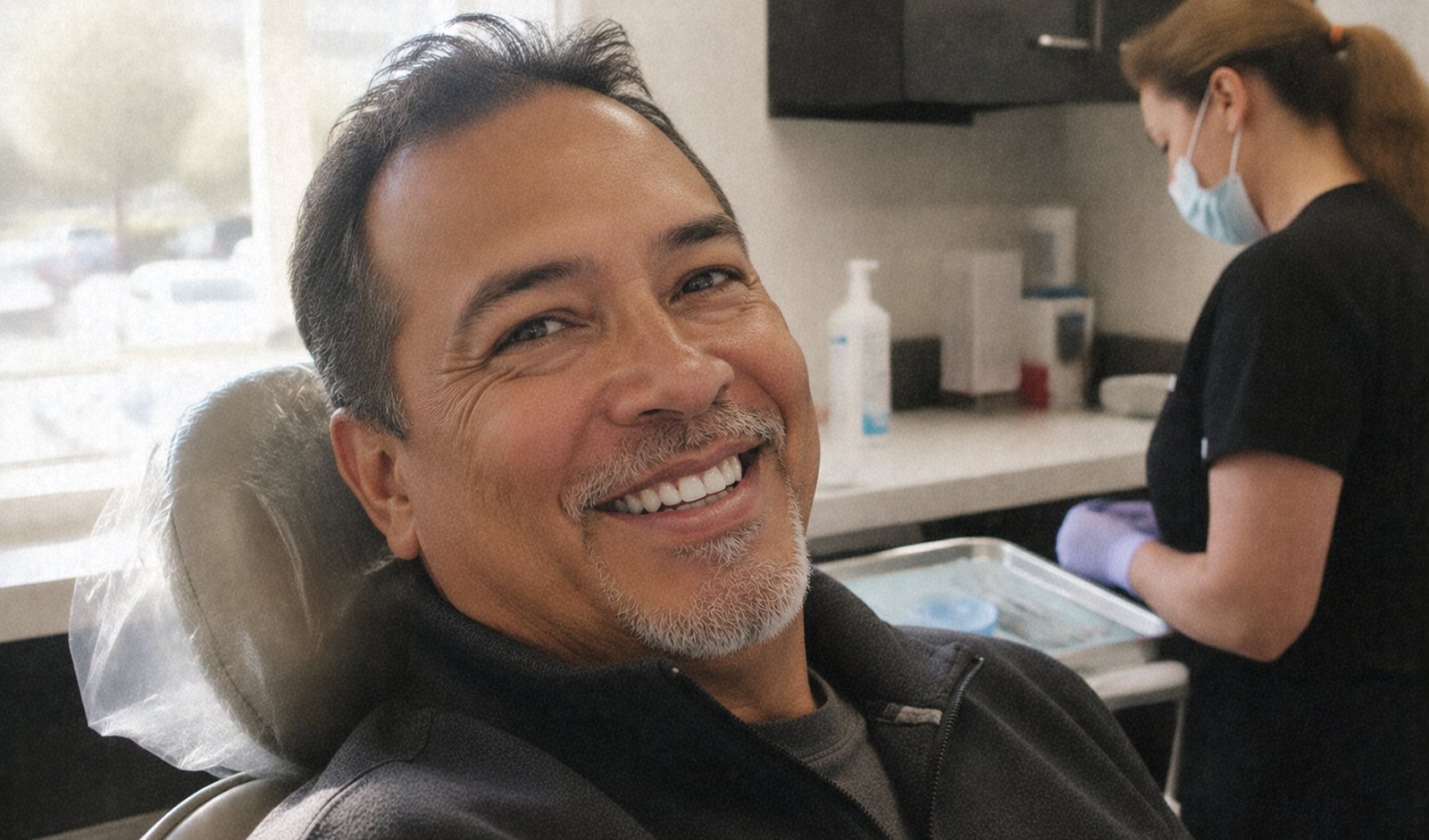 Implant patient smiling in the dental chair at Island Dental