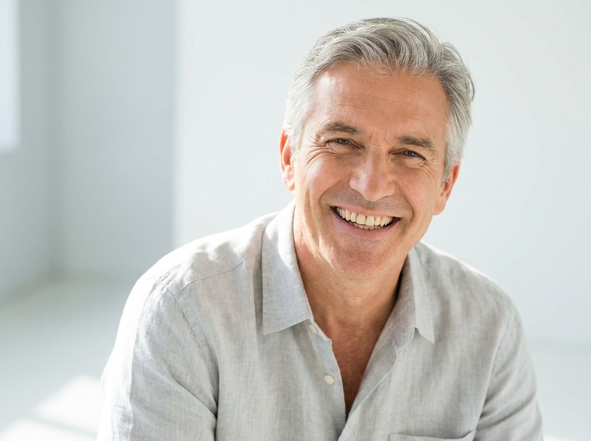 Island Dental patient smiling with a stabilized denture