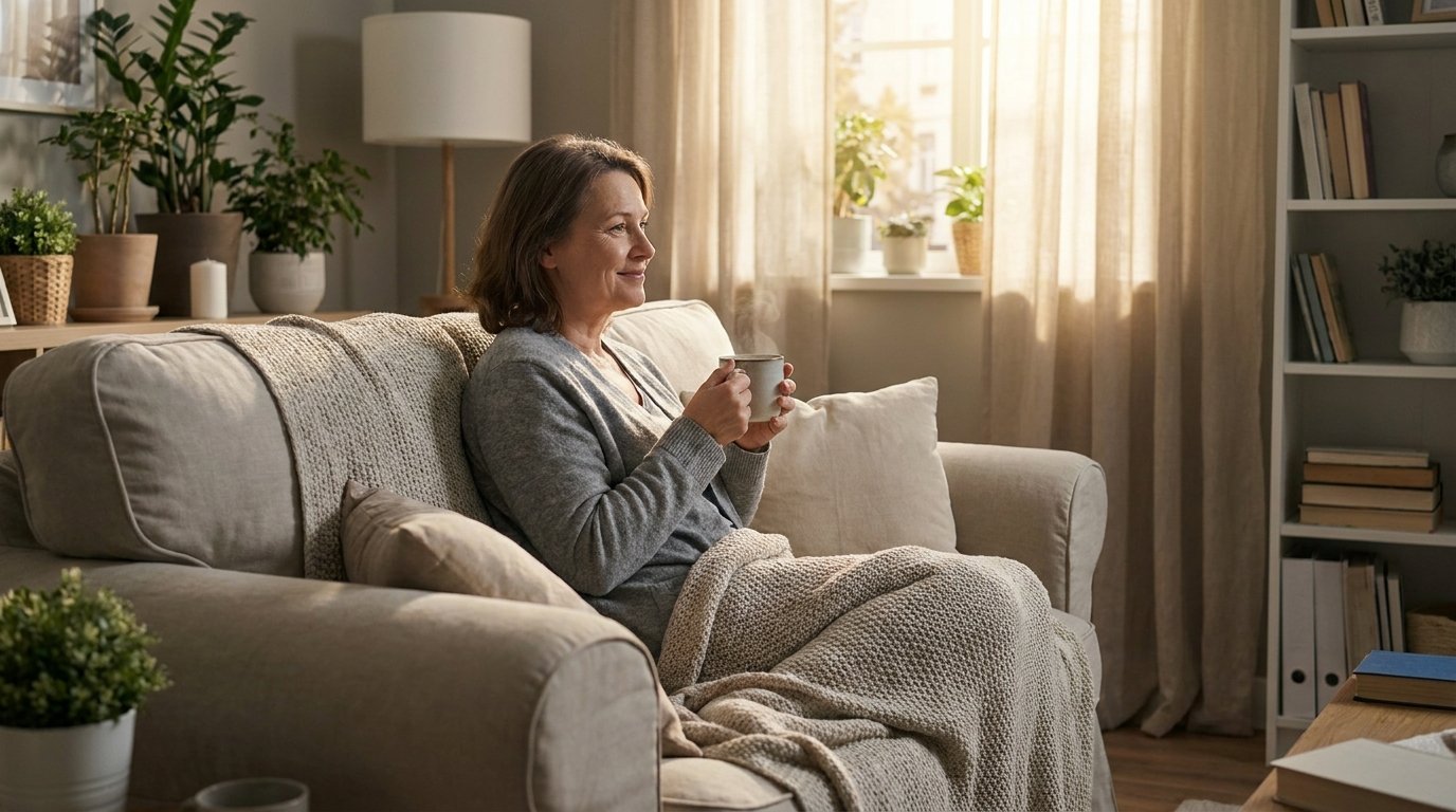 Patient resting comfortably at home after implant surgery