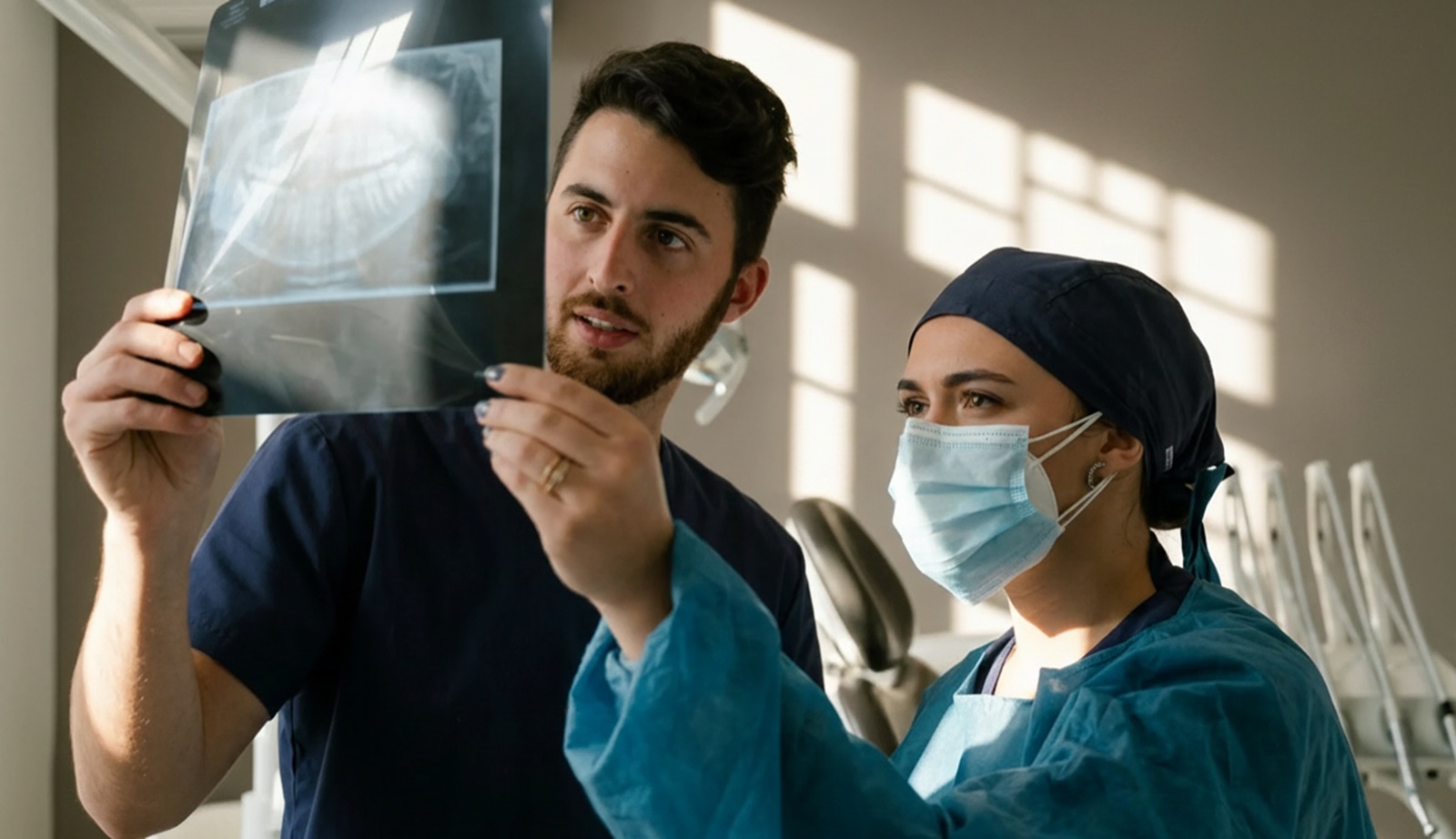 Island Dental clinicians reviewing a jaw X-ray before bone grafting
