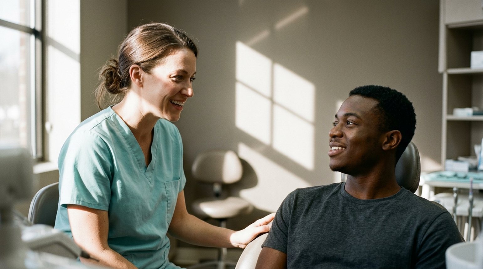 Island Dental hygienist with a patient during a cleaning visit