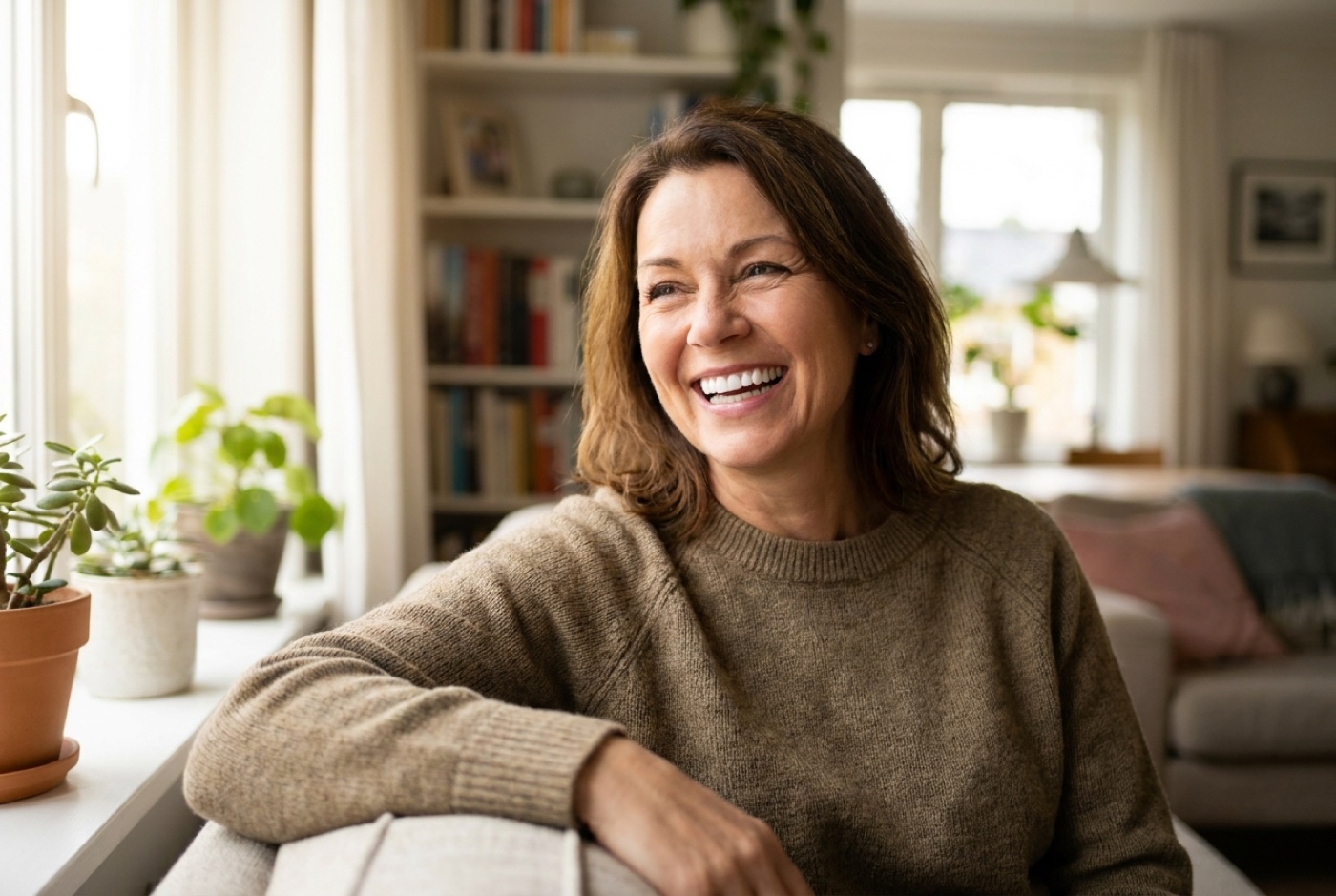 Smiling patient after full mouth reconstruction at Island Dental