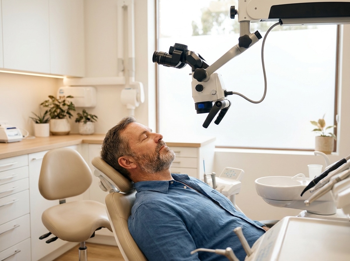 Calm patient during microscope-assisted root canal treatment at Island Dental