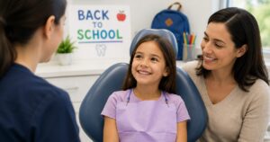 Child at a back-to-school dental checkup with a parent at a Long Island dental office