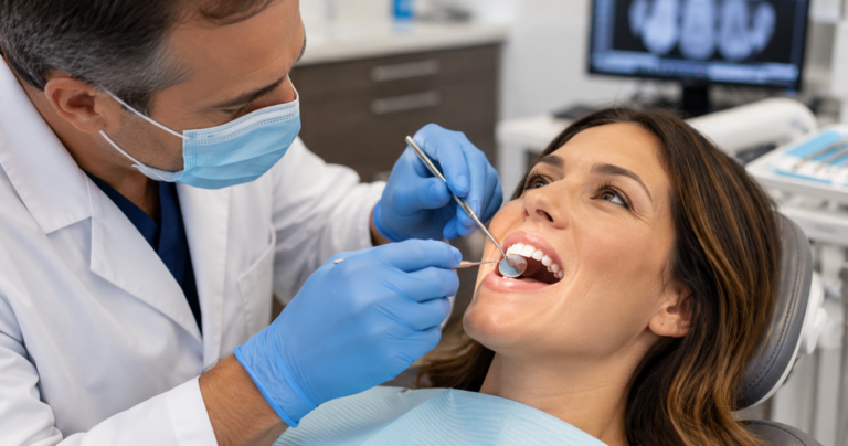 Dentist examining a patient's teeth to evaluate whether a dental crown or filling is needed